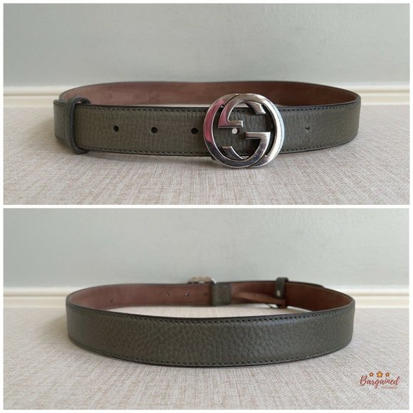 Authentic GUCCI Greenish-Gray Leather Silver Interlocking G Buckle Belt 85/34 main image 6